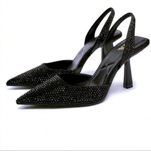 Zara black rhinestone jewelled embellished sling back pointed toe heels